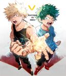  2boys anezu bakugou_katsuki bare_arms bare_shoulders black_footwear black_pants black_tank_top blonde_hair blood blood_on_face blue_shirt blurry boku_no_hero_academia character_name chromatic_aberration clenched_hand collarbone commentary cross-laced_footwear cuts depth_of_field electricity fingernails floating_clothes foreshortening freckles from_above full_body furrowed_brow green_eyes green_hair green_pupils hand_up injury instagram_username looking_at_viewer looking_to_the_side male_focus midoriya_izuku multiple_boys nosebleed open_mouth outstretched_arm outstretched_hand pants pixiv_username red_eyes red_footwear scar scar_on_arm scar_on_hand scratches serious shadow shirt shoes short_hair short_sleeves shorts side-by-side sideways_glance single_horizontal_stripe sleeveless sneakers sparks spiked_hair spoilers standing symmetrical_pose t-shirt tank_top twitter_username uneven_eyes v-shaped_eyebrows vs white_background 