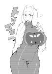  &lt;3 2016 anthro big_breasts boss_monster bovid breasts caprine clothed clothing eyelashes female fully_clothed fur goat greyscale hand_on_breast horn japanese_text kemono looking_at_viewer mammal mature_female monochrome open_mouth robe simple_background sindoll solo standing text toriel undertale video_games voluptuous white_background white_fur wide_hips 