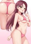  1girl ass bikini blush breasts commentary_request hair_ornament hairclip highres large_breasts long_hair love_live! micro_bikini multiple_views navel open_mouth paid_reward_available red_hair sakurauchi_riko standing swimsuit tenpa_(tenpa2190) tongue yellow_eyes 