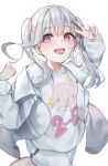  1girl asumi_sena grey_hair highres jacket long_hair long_sleeves multicolored_hair open_clothes open_jacket open_mouth pink_eyes pink_hair print_shirt ringozeri shirt shorts simple_background smile solo streaked_hair twintails v virtual_youtuber vspo! white_background white_jacket white_shirt white_shorts 