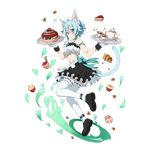  animal_ears arm_ribbon blue_eyes blush cake carrying cat_ears cat_tail cookie cup cupcake food frilled_legwear full_body gloves hair_ribbon heart highres light_blue_hair looking_at_viewer maid_headdress pancake ribbon ribbon-trimmed_legwear ribbon_trim saucer short_hair sinon sinon_(sao-alo) skirt solo spoon sword_art_online tail tea teacup teapot thighhighs transparent_background white_legwear 