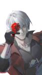  1boy bishounen blood blood_on_hands blue_eyes coat cumcmn dante_(devil_may_cry) devil_may_cry_(series) devil_may_cry_4 flower gloves highres holding looking_at_viewer male_focus red_coat red_flower red_rose rose short_hair simple_background smile solo trench_coat white_hair 