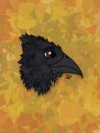 absurd_res ambiguous_gender anthro avian bird black_body black_eyebrows black_feathers citrusseed corvid corvus_(genus) eyebrows feathers headshot_portrait hi_res oscine passerine pattern_background portrait raven red_eyes side_view signature simple_background solo white_sclera