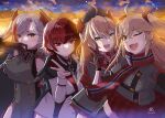  4girls admiral_hipper_(azur_lane) antenna_hair azur_lane blonde_hair bluecher_(azur_lane) breasts commentary cross fang gloves green_eyes grey_gloves grey_hair hair_between_eyes headgear iron_cross jacket large_breasts long_hair looking_at_viewer miniskirt minus-low multicolored_clothes multicolored_hair multicolored_jacket multicolored_scarf multiple_girls one_eye_closed open_mouth orange_eyes plaid plaid_skirt prinz_eugen_(azur_lane) red_eyes red_gloves red_hair red_skirt scarf short_hair siblings sideless_shirt sisters skin_fang skirt smile streaked_hair two-tone_gloves two-tone_jacket weser_(azur_lane) 