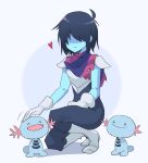  1other antenna_hair armor blue_background blue_bodysuit blue_skin bodysuit character_request closed_eyes closed_mouth colored_skin deltarune gloves grey_armor grey_footwear grey_gloves hair_over_eyes headpat heart komugiko_(bitte_komu) kris_(deltarune) looking_at_another on_one_knee open_mouth pink_scarf pokemon pokemon_(creature) purple_scarf scarf shaded_face short_hair short_sleeves shoulder_armor smile solo squatting striped_clothes striped_scarf 