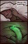 anthro balls bed bedding blanket blush bodily_fluids clyde_wolf digital_media_(artwork) erection felid fur furniture genital_fluids genitals glowing hi_res humanoid_genitalia lion looking_at_viewer lying male mammal nude on_bed pantherine penis pillow precum simple_background smile solo text