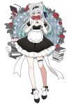  1girl absurdres animal_ears black_bow black_hairband book bow breasts dress firefly_(honkai:_star_rail) flower grey_hair hair_ornament hairband heart highres honkai:_star_rail honkai_(series) long_hair looking_at_viewer maid maid_headdress medium_breasts red_flower red_rose rose solo two-tone_eyes 