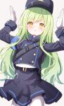  1girl :o armband arms_up baram belt black_belt black_hat black_skirt blue_archive blue_armband blush commentary_request green_hair grey_background hat highlander_sidelocks_conductor_(blue_archive) highres long_hair long_sleeves looking_at_viewer pantyhose pointy_ears sidelocks simple_background skirt solo white_pantyhose yellow_eyes 