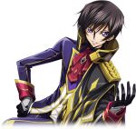  1boy artist_request ascot black_gloves black_hair blue_jacket blue_pants brooch code_geass code_geass:_lost_stories cropped_legs crossed_legs dutch_angle epaulettes game_cg gem gloves gold_border hair_between_eyes hand_up happy jacket jewelry lelouch_vi_britannia looking_at_viewer male_focus no_headwear non-web_source official_art pants parted_lips purple_eyes purple_gemstone red_ascot short_hair sidelocks simple_background sitting smile solo tassel teeth transparent_background v-shaped_eyebrows zero_(code_geass) 