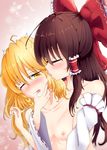  blonde_hair blush bow braid breasts brown_hair closed_eyes commentary_request detached_sleeves ear_kiss finger_in_another's_mouth hair_bow hair_tubes hakurei_reimu highres kirisame_marisa large_bow long_hair messy_hair multiple_girls nipples nude one_eye_closed open_mouth rankasei side_braid single_braid small_breasts sweat tears touhou very_long_hair yellow_eyes yuri 