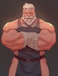  1boy alternate_costume apron bandaged_arm bandages bara beard bulge cowboy_shot crossed_arms facial_hair forearms full_beard highres large_pectorals male_focus mature_male mr_nellory muscular muscular_male naked_apron old old_man overwatch partially_blind pectoral_cleavage pectorals reinhardt_(overwatch) scar scar_across_eye short_hair sidepec thick_beard thick_chest_hair thick_mustache white_hair wrinkled_skin 