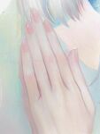  1girl blue_eyes close-up commentary hand_focus highres kaede_(shijie_heping) oil_painting_(medium) original painting_(medium) pink_nails profile short_hair solo traditional_media white_hair 
