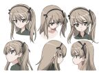  1girl black_hairband brown_eyes closed_mouth collarbone concept_art from_behind from_side girls_und_panzer green_shirt hair_between_eyes hairband light_brown_hair long_bangs long_hair multiple_views official_art one_side_up shirt simple_background white_background 