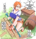  1girl absurdres angry barrel breasts high_heels highres large_breasts nami_(one_piece) one_piece open_mouth orange_hair panties pantyshot puri_(wettypeach) shirt short_hair solo talking thighs underwear wood 