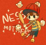  1boy backpack bag baseball_bat baseball_cap black_shorts blush_stickers brown_bag brown_hair character_name closed_mouth copyright_name doseisan eyelashes full_body hat holding holding_baseball_bat kumama_(amandak) male_focus mother_(game) mother_2 ness_(mother_2) red_footwear red_hat shirt shorts socks solid_oval_eyes solo striped_clothes striped_shirt white_socks 