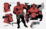  1boy absurdres arts_of_indiego bald_spot bara blank_eyes broken_horn cigar colored_skin demon_boy english_text full_body gun hellboy hellboy_(comic) highres horns large_pectorals looking_at_viewer male_focus mature_male monster_boy multiple_views muscular muscular_male mutton_chops nipples pants pectorals profile red_skin standing strongman_waist thick_thighs thighs topless_male weapon 