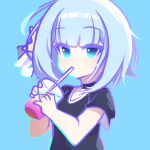  1girl blue_eyes blue_hair cross_(vgne4542) cup drinking highres holding holding_cup jelly_hoshiumi phase_connect short_hair simple_background solo 