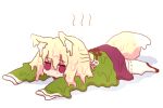  1girl animal_ear_fluff animal_ears blonde_hair empty_eyes fox_ears fox_girl fox_tail full_body green_shirt hair_between_eyes hair_bun hair_ornament hot kemomimi-chan_(naga_u) long_sleeves lying melting naga_u on_stomach original purple_eyes purple_skirt ribbon-trimmed_thighhighs ribbon_trim sailor_collar shaded_face shadow shirt simple_background skirt sleeves_past_fingers sleeves_past_wrists solo tail thighhighs white_background white_sailor_collar white_thighhighs 