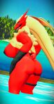 anthro beach blaziken blue_eyes breasts butt female generation_3_pokemon hybrid looking_at_viewer nintendo nude pokemon pokemon_(species) solo zengar77