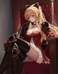  1girl black_thighhighs blonde_hair boots bow breasts brown_footwear cleavage commentary_request crossed_legs detached_collar dress gauntlets granblue_fantasy hair_bow haruyuki_(karem) indoors knee_boots large_breasts long_hair looking_at_viewer parted_lips ponytail red_dress red_eyes short_dress sitting smile solo thighhighs throne vira_(granblue_fantasy) 