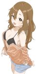  1girl :d absurdres bikini black_bikini blue_shorts breasts brown_eyes brown_hair collarbone commentary_request hair_between_eyes hair_ornament hairclip highres jacket long_hair long_sleeves looking_at_viewer maki_(soredemo_ayumu_wa_yosetekuru) medium_breasts open_mouth orange_jacket shorts smile solo soredemo_ayumu_wa_yosetekuru swimsuit white_background yamamoto_souichirou 