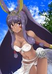  blush breasts cleavage eyebrows_visible_through_hair fate/grand_order fate_(series) large_breasts leaning_forward long_hair looking_at_viewer navel nitocris_(fate/grand_order) nitocris_(swimsuit_assassin)_(fate) noa_(nagareboshi) parted_lips purple_eyes purple_hair smile solo 