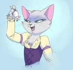 anthro blue_eyes clothed clothing domestic_cat dreamworks dress dulcinea_(puss_in_boots) eyelashes felid feline felis female fur mammal mouse murid murine pink_ears puss_in_boots_(dreamworks) rodent simple_background solo teeth unknown_artist whiskers white_body white_fur