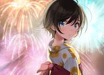 bangs black_hair blue_eyes blush closed_mouth commentary_request eyebrows_visible_through_hair fireworks from_side hair_between_eyes japanese_clothes kimono looking_at_viewer looking_back obi original outdoors pursed_lips sash shigure_ui short_hair sidelocks solo tareme upper_body white_kimono 