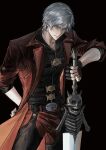  1boy blue_eyes bonley coat dante_(devil_may_cry) devil_may_cry_(series) devil_may_cry_4 fingerless_gloves gloves holding looking_at_viewer male_focus rebellion_(sword) red_coat smile solo sword weapon white_hair 
