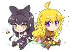  ahoge bee black_hair blake_belladonna blonde_hair bug ember_celica_(rwby) gambol_shroud iesupa insect multiple_girls purple_eyes rwby rwby_chibi weapon yang_xiao_long yellow_eyes 