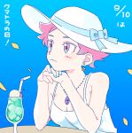  1girl alternate_costume character_name cup cyappy1022 dress drinking_glass earrings hat highres jewelry kumatora mother_(game) mother_3 nail_polish necklace pink_eyes pink_hair short_hair solo translation_request white_dress 
