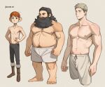  3boys artist_name bara barefoot beard black_eyes black_hair blonde_hair boots brown_hair chilchuck_tims commentary cropped_legs dungeon_meshi dwarf english_commentary etceteraart expressionless facial_hair halfling hands_on_own_hips highres huge_eyebrows laios_thorden large_ears large_pectorals long_beard male_focus male_underwear mature_male multiple_boys muscular muscular_male navel navel_hair pants pectorals plump senshi_(dungeon_meshi) short_hair thick_beard toes topless_male underwear white_male_underwear yellow_eyes 