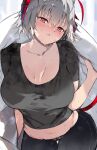  1girl arknights black_pants black_shirt blush breasts cleavage closed_mouth collarbone commentary_request grey_hair highres horns kyuu_(plastic_night_q) large_breasts looking_at_viewer midriff pants red_eyes red_horns shirt short_hair short_sleeves solo sweat t-shirt w_(arknights) 