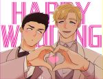  2boys ao_isami artist_request black_hair blonde_hair couple english_text facial_hair happy heart heart_hands heart_hands_duo highres husband_and_husband lewis_smith male_focus multiple_boys official_alternate_costume sideburns_stubble stubble suit thick_eyebrows upper_body white_suit yaoi yuuki_bakuhatsu_bang_bravern 
