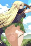  1girl armor artist_name ass blonde_hair blue_cape blue_sky blush breastplate bug butterfly cape circlet clothes_lift deedlit dress dress_lift elf faenatical green_eyes grin highres long_hair looking_at_viewer looking_back panties pantyshot pauldrons pointy_ears record_of_lodoss_war short_dress shoulder_armor sky smile solo thong underwear very_long_hair white_panties wind wind_lift 