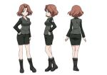  1girl azumi_(girls_und_panzer) black_footwear blue_eyes brown_hair closed_mouth concept_art from_behind from_side girls_und_panzer kneepits long_sleeves multiple_views official_art parted_bangs pencil_skirt selection_university_military_uniform short_hair simple_background skirt white_background 