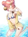  artist_name bikini blue_eyes breasts chocolate chocolate_bar double_bun eyebrows_visible_through_hair fate/apocrypha fate/grand_order fate_(series) food frankenstein's_monster_(fate) frankenstein's_monster_(swimsuit_saber)_(fate) hair_over_eyes horn looking_at_viewer medium_breasts navel parted_lips roang seiza short_hair signature sitting solo swimsuit water yellow_eyes 
