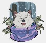 anthro canid canine canis clothed clothing domestic_dog fur hi_res looking_at_viewer male mammal plant ramahuro smile smiling_at_viewer snow snowing solo white_body white_fur