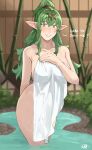  1girl bamboo bath blush breasts commentary covering_privates english_commentary english_text fingernails fire_emblem fire_emblem_awakening green_eyes green_hair green_nails hair_between_eyes hair_ornament highres jewelry large_breasts lips long_hair looking_at_viewer mole mole_on_breast nude_cover onsen partially_submerged pink_lips pointy_ears ponytail sakuremi seductive_smile sidelocks signature smile solo tiki_(adult)_(fire_emblem) tiki_(fire_emblem) towel water wet 