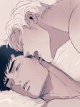  2boys ao_isami averting_eyes bara brown_theme close-up couple eyelashes facial_hair highres lewis_smith licking licking_ear male_focus monochrome multiple_boys on_bed pivoine0905 sideburns_stubble stubble thick_eyebrows upper_body yaoi yuuki_bakuhatsu_bang_bravern 