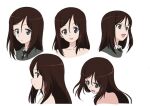  1girl black_necktie blue_eyes brown_hair closed_mouth collarbone concept_art from_above from_side girls_und_panzer hair_between_eyes long_hair megumi_(girls_und_panzer) multiple_views necktie official_art open_mouth selection_university_military_uniform shirt simple_background swept_bangs white_background white_shirt 