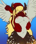absurd_res anthro avian bird blonde_hair blush body_blush breasts clothed clothing clothing_lift eared_owl feathers female genitals hair hat headgear headwear hi_res innie_pussy kitterz long-eared_owl long_hair looking_at_viewer mimi_(breakstep) multicolored_body navel nipples owl pink_nipples pussy pussy_blush red_eyes skimpy solo sweater sweater_lift thick_thighs topwear true_owl wings