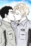  2boys absurdres ao_isami artist_request black_hair blonde_hair couple facial_hair from_side highres kiss lewis_smith male_focus multiple_boys muted_color sideburns_stubble sketch stubble thick_eyebrows yaoi yuuki_bakuhatsu_bang_bravern 