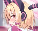  1girl animal_ears blonde_hair blue_archive blush bow cum facial fake_animal_ears fengshen_chino hair_bow halo headphones heart highres looking_at_viewer medium_hair momoi_(blue_archive) open_mouth pink_bow pink_halo red_eyes solo tail 