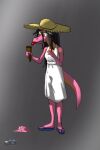 black_hair bodily_fluids clothing crying dessert dress drqube female food hair hat headgear headwear ice_cream kobold pink_body solo solo_focus solo_in_panel straw_hat sundress tears tongue tongue_out yellow_eyes