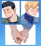  2boys ao_isami averting_eyes bara black_hair blonde_hair blush couple facial_hair hand_focus highres holding_hands interlocked_fingers lewis_smith looking_at_another male_focus multiple_boys shy sideburns_stubble stubble tata3_193 thick_eyebrows yaoi yuuki_bakuhatsu_bang_bravern 