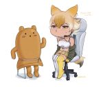 absurdres animal_ears beleven blonde_hair camisole chair coyote_(kemono_friends) extra_ears gloves highres jacket kemono_friends kemono_friends_v_project microphone short_hair simple_background sitting skirt tail thighhighs virtual_youtuber wolf_ears wolf_girl wolf_tail yellow_eyes 