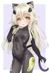  1girl absurdres animal_ears black_bodysuit blonde_hair blush bodysuit breasts cat_ears cat_tail covered_collarbone covered_navel covered_nipples cowboy_shot green_eyes hand_up highres kazuneko_(wktk1024) long_hair original parted_lips pilot_suit plugsuit small_breasts solo standing sweatdrop tail 