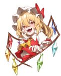  1girl :d ascot blonde_hair blush bow ch00suke collared_shirt commentary cropped_torso crossed_bangs crystal eyebrows_hidden_by_hair fangs flandre_scarlet floating_clothes hair_between_eyes hand_on_own_cheek hand_on_own_face hand_up hat hat_bow highres looking_at_viewer medium_hair mob_cap open_mouth puffy_short_sleeves puffy_sleeves red_bow red_eyes red_vest shirt short_sleeves side_ponytail simple_background sleeve_bow slit_pupils smile solo teeth tongue touhou tsurime upper_body vest white_background white_hat white_shirt wings yellow_ascot 