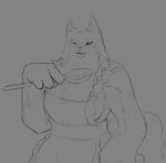  airlemi anthro apron armello breasts canine clothing eyelashes female magna_(armello) mammal monochrome naked_apron one_eye_closed side_boob smile solo soup spoon tongue tongue_out wolf 